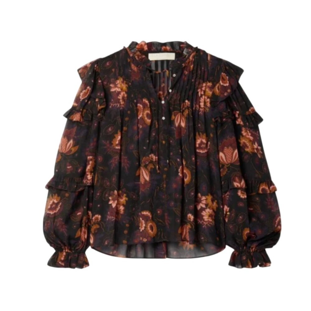 Ulla Johnson Miray Blouse Top Shirt Womens 14 Black Orange Floral Long Sleeve